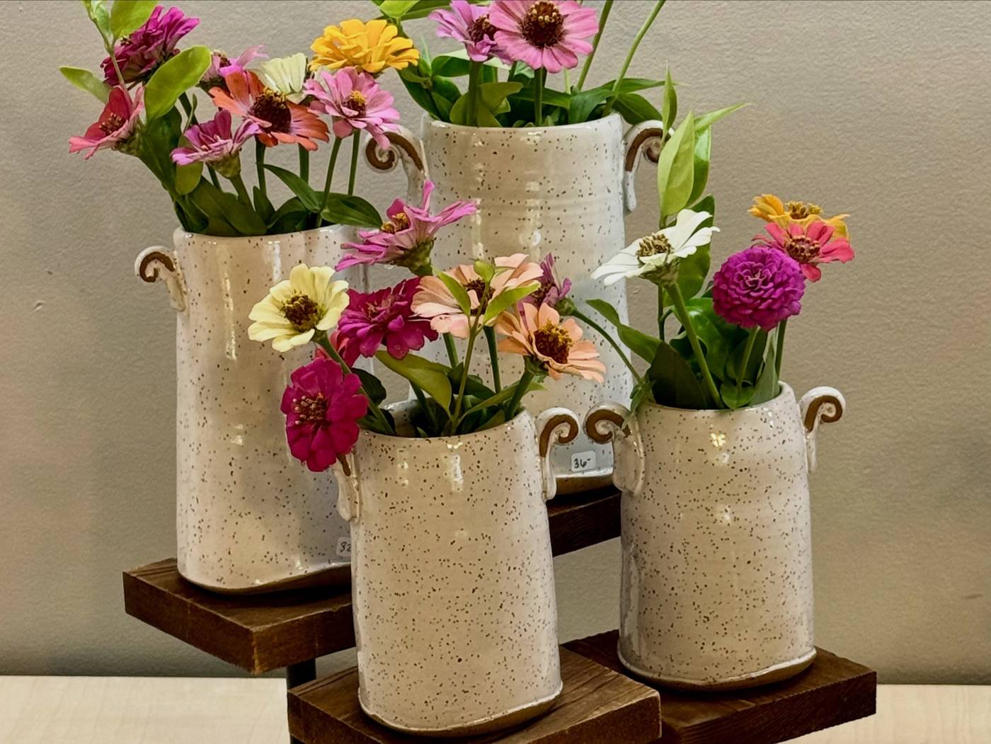 Three speckled white stoneware vases with small curled handles, filled with pink and orange zinnias
